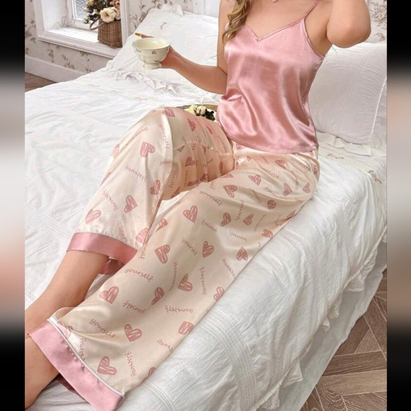 Satin Heart Letter Print Camisole And Pants Pajama Set
